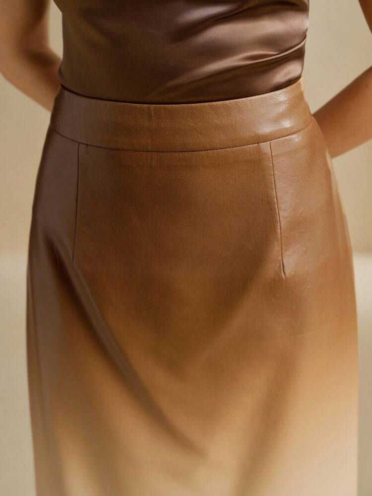 New Elegant Minimalist Versatile Ombre Faux Leather Midi Skirt, Suitable For Dates And Commuting, Autumn/Winter