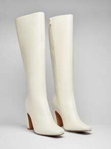 SHUZIA #RunwayReady Women's 3.5'' Slanted Block Heel & Sleek Square Toe Pu Knee High Boots–A Chic, Versatile Essential For Day-To-Night Looks With Modern Edge & All-Day Comfort. - White - View 2