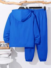 SHEIN 青少年男孩连帽长袖夹克和松紧腰裤套装 - 寶藍色 - 查看 2