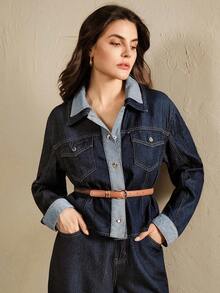 Anewsta 女式蓝色美式拼布修身牛仔裤 - 藍色 - 查看 5