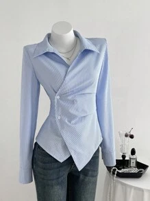 Elamini 女士时尚条纹围裹式系带领修身长袖衬衫 - 藍色 - 查看 3