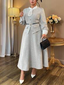 Auvina Bộ 2 món áo khoác dài tay ôm sát và chân váy chữ A cạp cao phong cách Pháp thanh lịch thời trang cỡ lớn cho nữ - Màu be - Xem 4