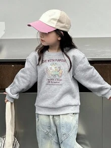 DAZY Young Girls Cartoon Print Casual Crew Neck Long Sleeve Sweatshirt - Grey - View 7