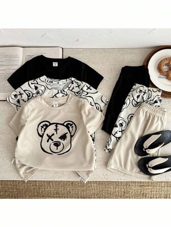 SHEIN Conjunto de 6 piezas de camiseta de manga corta con cuello redondo con estampado de oso de dibujos animados lindo y pantalones cortos de cintura elástica para jóvenes niños