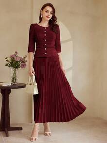 Vintamour Váy nữ cổ điển thanh lịch, váy xếp ly dệt kim jacquard ôm sát mùa xuân/hè, váy tay 3/4, váy dài màu trắng - Màu Đỏ Sâu - Xem 3