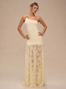 SHEIN BAE 杏色不对称肩部无袖连衣裙，配金属纽扣和半透明蕾丝下摆，适合秋冬季节，可用于鸡尾酒会、浪漫约会、秋冬季内搭、派对、正式聚会、晚间外出、婚礼派对礼服、万圣节服装等场合。 - 杏色 - 查看 5