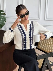 Serisse Áo sơ mi nữ dài tay ren kiểu Pháp, thích hợp mặc đi làm, mùa thu, dành cho nữ công sở, nữ giáo viên, mùa tựu trường, áo kiểu thêu, áo công sở mùa đông, mùa xuân. - Màu be - Xem 3