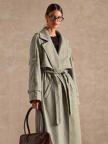 SHEIN BAE 女士简约缺口领长款宽松束带羊毛大衣，适合冬季 - 薄荷綠 - 查看 1