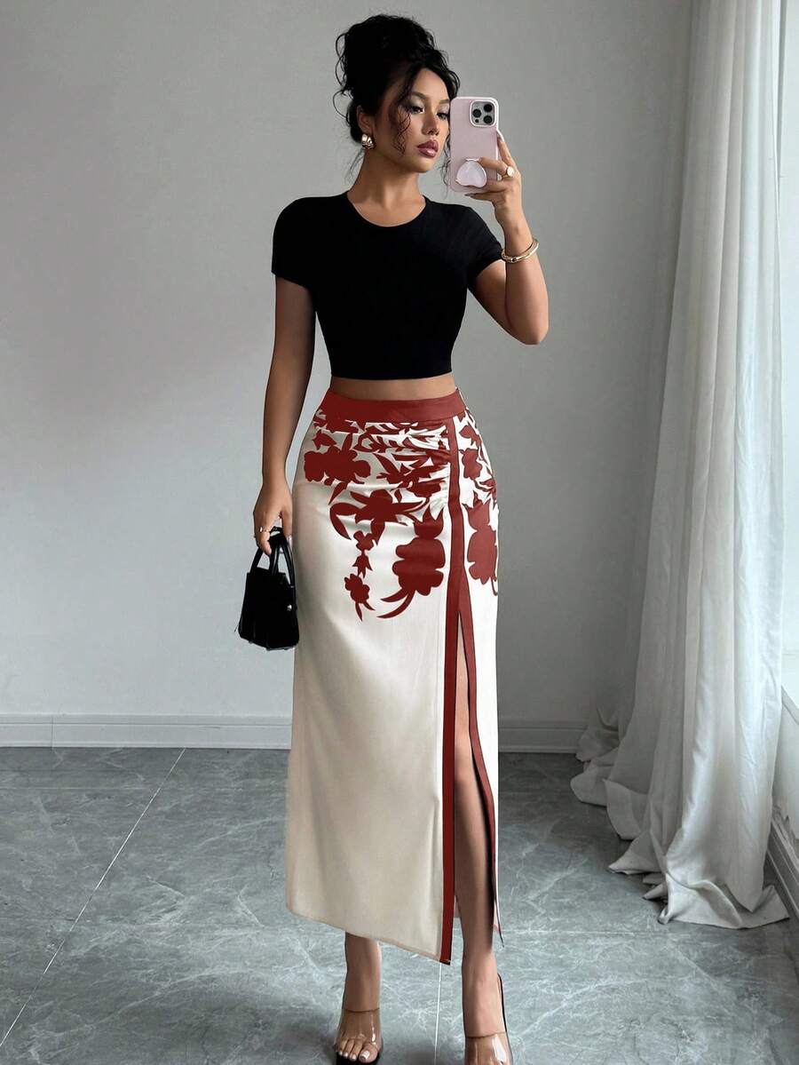 Elenzga Women's Vintage Floral Print Split Hem Summer Skirt Fall Cloth For Women