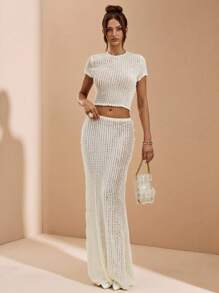 SHEIN BAE 女式纯白色褶皱透明纹理短袖上衣、女式 T 恤、纹理衬衫，适合外出、春夏季 - 杏色 - 查看 7