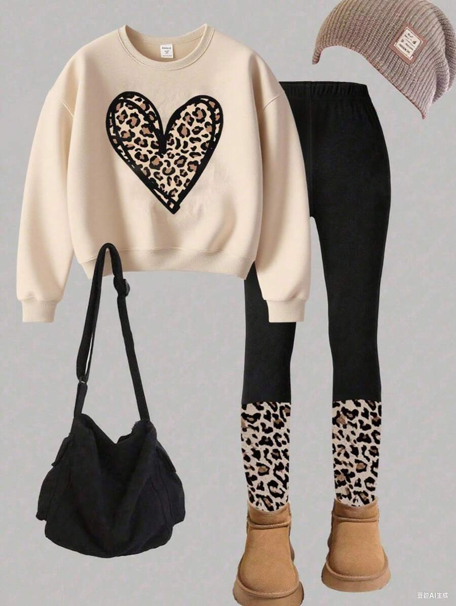 SHEIN ChillGRL 青少年女孩休闲时尚豹纹印花心形图案套头衫和紧身裤两件套，秋季服装冬装 - 彩色 - 查看 1