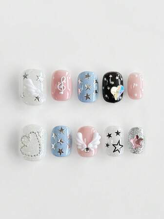 Kawaii 10pcs Cute Star & Music Note Wing Nail Art Stickers + 3pcs Double-Sided Adhesive, Removable Geometric Pattern & Polka Dot Nail Wraps, High-Quality Glitter & Rhinestone Colorful Nail Decals, Suitable For Holidays, Parties, Dancing And Daily Wear