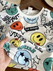 SHEIN Baby Boy Cartoon Print Short Sleeve T-Shirt And Elastic Waist Shorts 2pcs Set, Summer - Multicolor - View 7