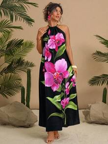 Travachic Plus Size Floral Print Halter Neck Casual Vacation Dress - Black - View 5