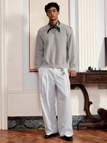 SWAVVY 男士休闲灰色做旧长袖毛衣，秋冬 - 淺灰色 - 查看 4