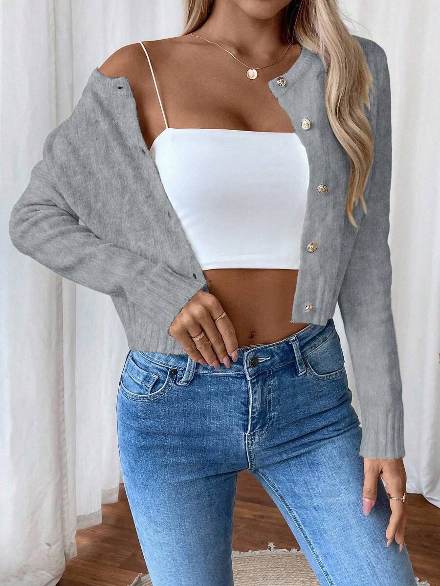 EMERY ROSE 女士休闲薄款针织单排扣长袖开衫，秋季 - 灰色 - 查看 1