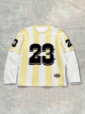 Prep Maglietta a maniche lunghe da uomo con strisce a contrasto e stampa numerica