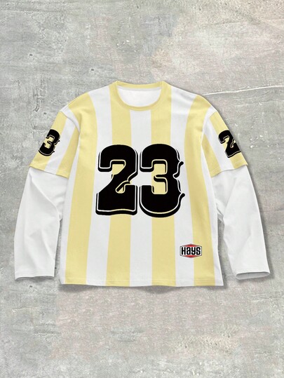 Prep Men's Contrast Stripe & Numeric Print Long Sleeve T-Shirt Sporty Jersey