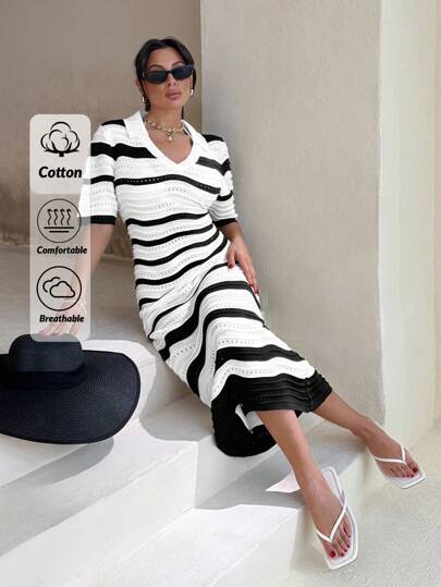 EURMUSE Polo Neck Short Sleeve Contrast Color ZigZag Stripe Hollow Out Crochet Maxi Knitted Dress