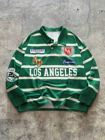 AXEPEAK 大码男式休闲拼色条纹长袖 Polo 衫