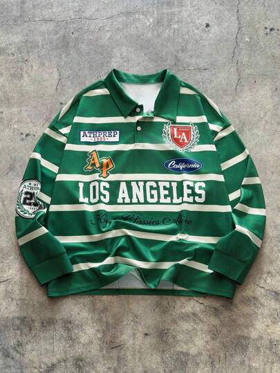 AXEPEAK 大码男式休闲拼色条纹长袖 Polo 衫