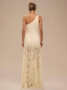 SHEIN BAE 杏色不对称肩部无袖连衣裙，配金属纽扣和半透明蕾丝下摆，适合秋冬季节，可用于鸡尾酒会、浪漫约会、秋冬季内搭、派对、正式聚会、晚间外出、婚礼派对礼服、万圣节服装等场合。 - 杏色 - 查看 2