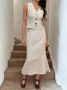 Easowa 秋冬杏色背心和长裙女套装，适合日常通勤和办公室穿着粗花呢两件套两件套裙套装女士两件套女士优雅女士粗花呢套装粗花呢裙套装女士教师装商务休闲女士纽扣衬衫女士金属纽扣女士套装两件套秋季套装商务休闲 - 杏色 - 查看 1