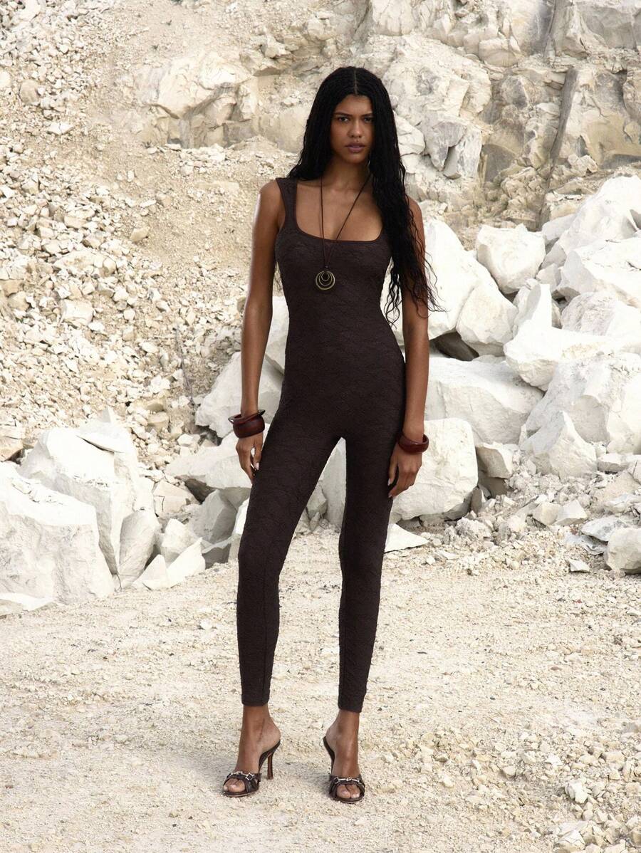 MUSERA Thick Strap Square Neck Fitted Lace Jumpsuit Unitard Night Out Occasion Birthday Elegant Fall Autumn Rapture Christmas Party Thanksgiving Chic