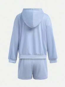 SHEIN Explorewe 3 件套 Tween 女童连帽拉链夹克、白色背心和美国徽章印花短裤休闲街头装 - 藍白色 - 查看 2