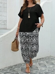 EMERY ROSE Conjunto de 2 piezas de talla grande: top de unicolor de verano y pantalones con estampado completo