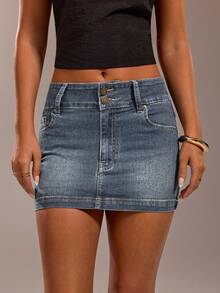 SHEIN Forever 21 女士双排扣腰部设计 High Street Spice 复古洗水蓝牛仔迷你裙 - 藍色 - 查看 6