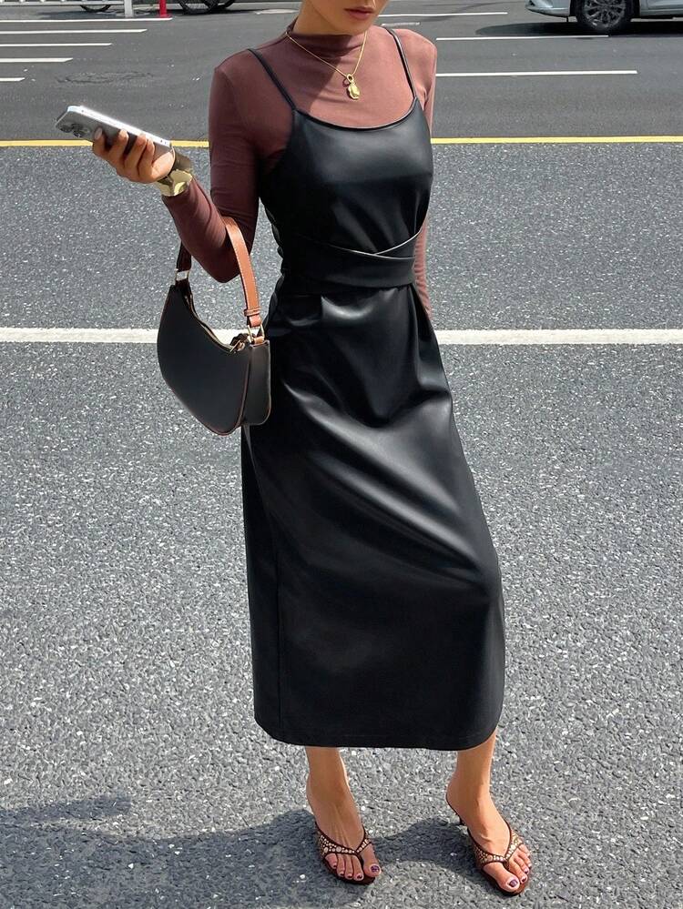 Women's Solid Color PU Leather Criss-Cross Waist Design Elegant Midi Slip Dress