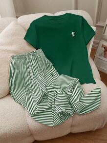 INAWLY Bộ áo thun tay ngắn màu trơn và quần sọc mùa hè - màu xanh lá - Xem 3