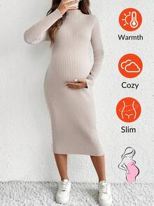 SHEIN 孕妇休闲纯色合身针织连衣裙 - 卡其色 - 查看 1