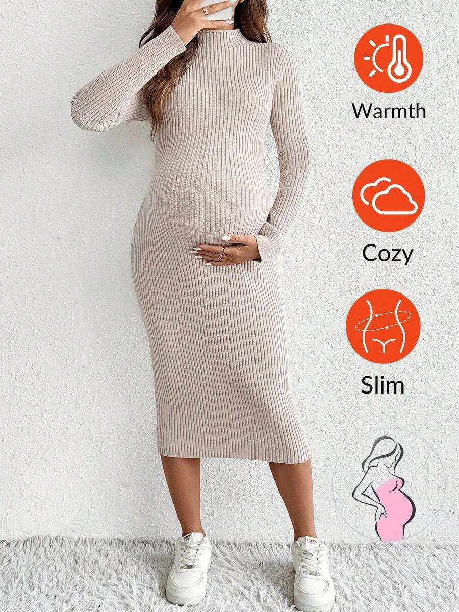 SHEIN 孕妇休闲纯色合身针织连衣裙 - 卡其色 - 查看 1