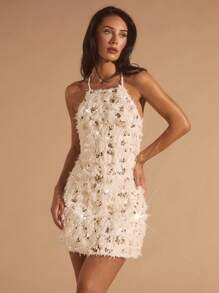 Glamine Glänsande sexig rygglös paljett-off-shoulder miniklänning, lämplig för bröllopsgäster, tillbaka till skolan, elegant damklänning, sexig klänning, festklänning, höst, aftonklänning, bröllopsgästklänning, romantisk klänning, höst-/vinterkläder, födelsedagsklänning, festklänning, elegant klänning, romantisk klänning, höstkläder, countrymusikfestivaloutfit, bröllopsgäst - Aprikos - Visa 8