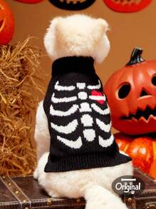 1 件宠物通用万圣节黑色骷髅提花针织弹力舒适狗狗高领毛衣，PETSIN 原创设计 - 彩色 - 查看 1
