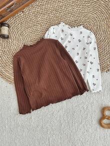 LMoss Kids Conjunto de 2 piezas para bebé niña con top de punto con cuello de volantes y estampado floral, top acanalado, top floral de manga larga, camisa marrón, top acanalado con borde de lechuga, camisa de manga larga, camisa acanalada, ropa de otoño - Multicolor - View 7