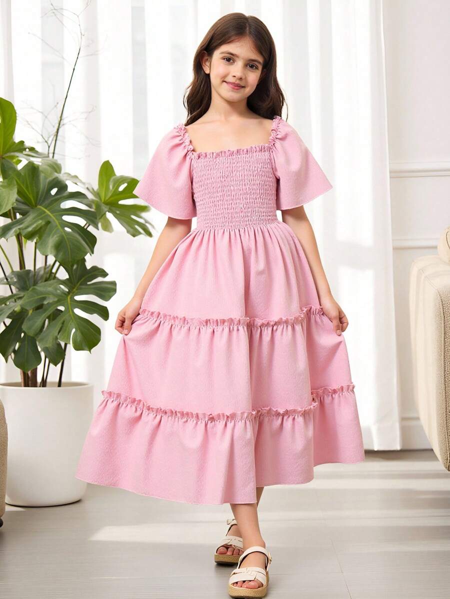 少女固色短袖橫綱收緊胸襯裙擺連衣裙 - 粉色 - 查看 1