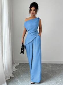 Elenzga Summer New Korean 2 Pieces Set For Women, Suitable For Travel And Photography, Featuring Gorgeous Deep Sea Blue Asymmetric Shoulder Top And High-Waisted Casual Pants