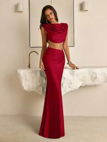 Vowa 2 件优雅红色弹性针织宽肩垫深 V 领美人鱼长裙，带有性感激光切割金属珠饰，适合约会、度假、音乐会、毕业典礼、婚礼、下午茶、正式场合