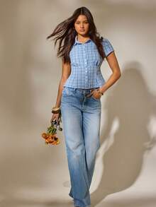 Aralina 秋冬 Y2K 斯德哥尔摩风格纽扣格子布办公室衬衫可爱外出上衣 - 藍白色 - 查看 7