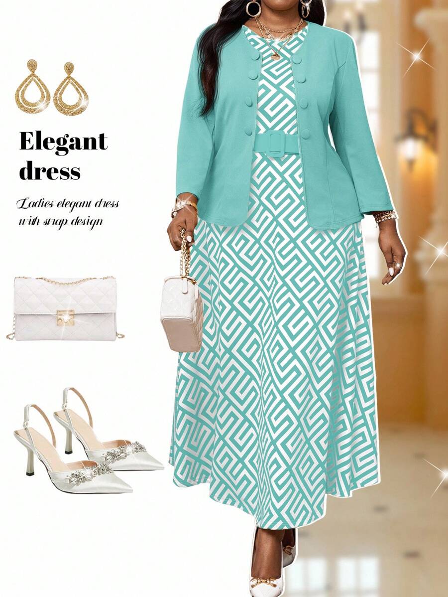 Fleurora 2025 New Spring And Summer Autumn And Winter Casual Elegant Round Neck Flared Belted Button Midi Long Sleeve Casual Elegant Multi-Color Dress Professional Clothes Brown Skirt Yellow Skirt Women Outfit Sets Fall Clothes For Women - Blue - View 1