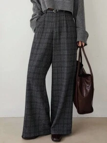 Dazy-Less 女士宽松格子直筒休闲裤，适合商务、办公室、通勤、秋冬季女士正装裤 - 深灰色 - 查看 7