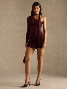 SHEIN BAE 女式纯色不对称肩部时尚连衣裙 - 棕色 - 查看 3