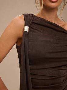 SHEIN BAE 纯色不对称肩部金属扣系带修身女式上衣，适合日常穿着、约会、郊游、聚会、派对，优雅的女士分层单品，适合鸡尾酒会、浪漫约会、秋冬针织汗衫 - 棕色 - 查看 3