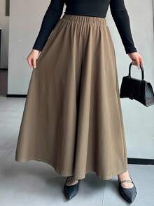 Dazy Plus Pantalones anchos de pierna ancha de unicolor con cintura elástica para mujer de talla grande, pantalones casuales de otoño