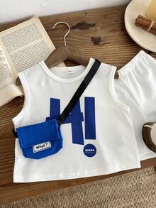 SHEIN 3pcs Baby/Toddler Casual Loose Fit Letter Print Tank Top, Shorts & Bag Set - White - View 8