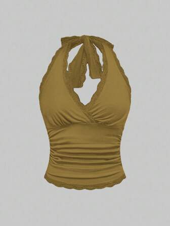 Grunge Punk Débardeur femme Y2K à col ras-du-cou sans dos avec bordure en dentelle de couleur unie