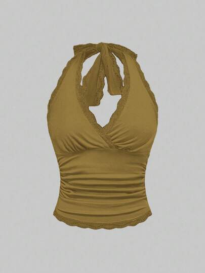 Grunge Punk Top halter sin espalda con ribete de encaje de unicolor para mujer, estilo Y2K